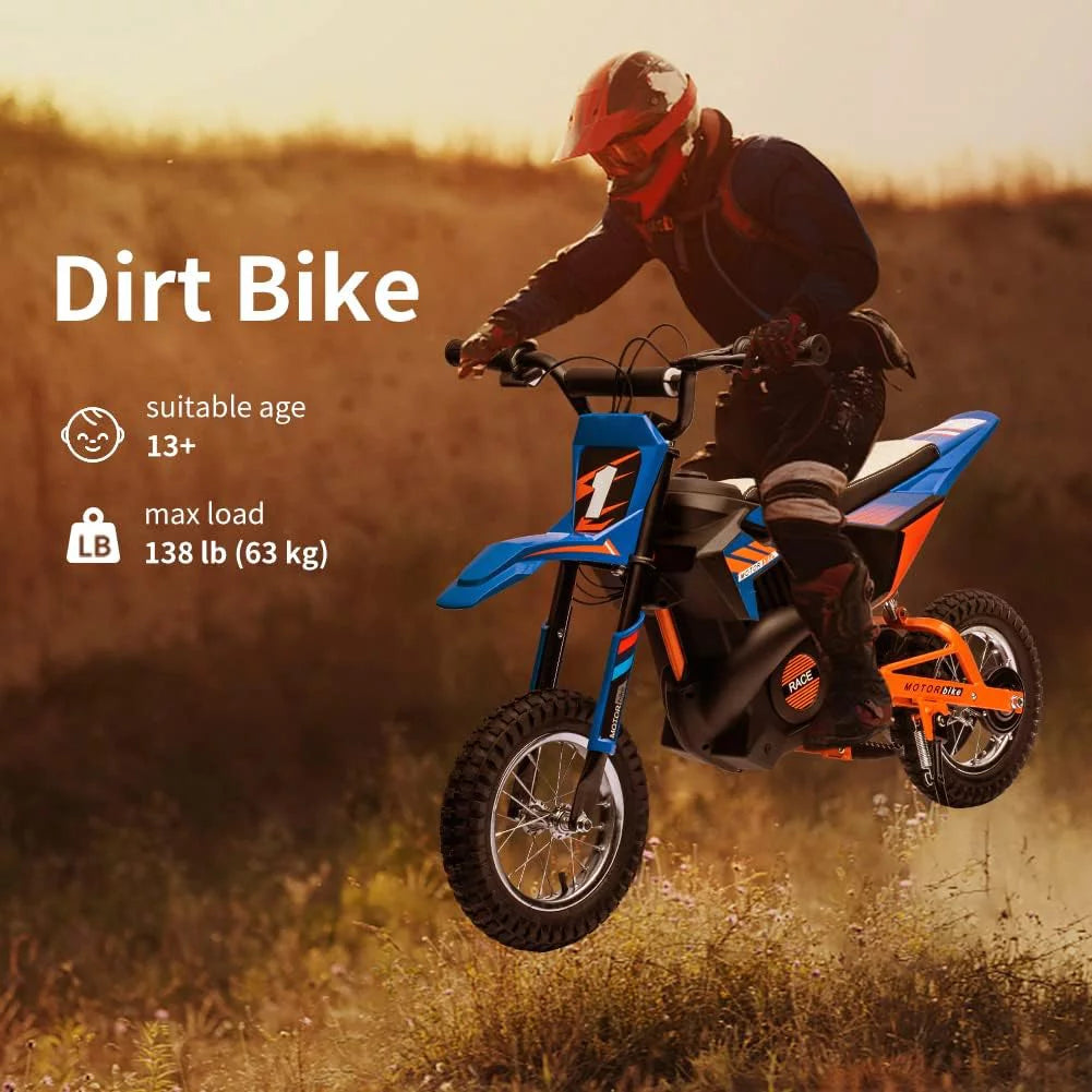 24V Electric Off-Road Motorcycle 250W Motor 13.6MPH Fast Speed Motocross Leather Seat Dirt Bike Twist Grip Throttle Metal Suspension Air-Filled Tires for Kids Teens Age 13+ Blue S78307