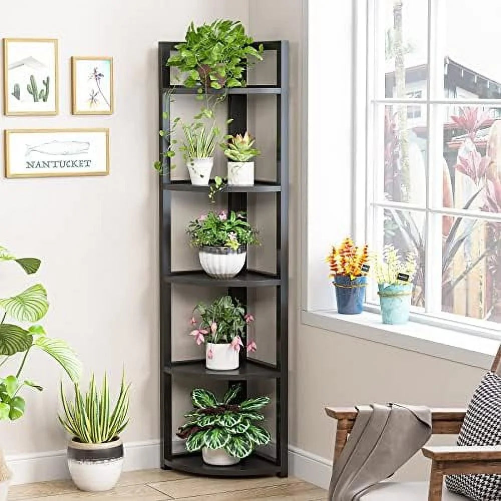6 Tier 70.9 Inch Tall Corner Bookshelf Black D3480