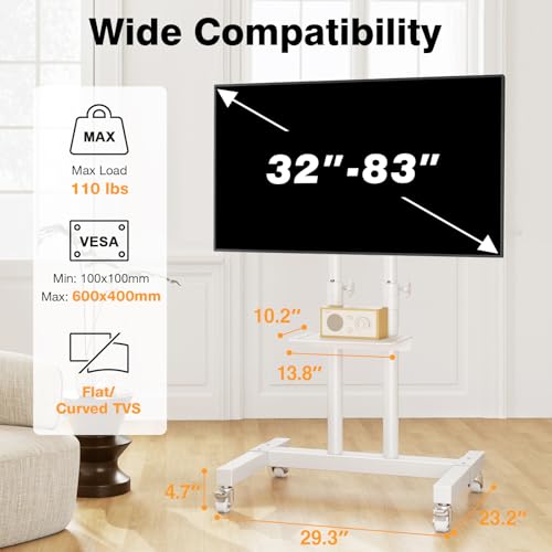 Mobile TV Stand Rolling TV Cart with Mount on Lockable Wheels Height Adjustable for 32-83 Inch Flat Screen or Curved TVs S76403