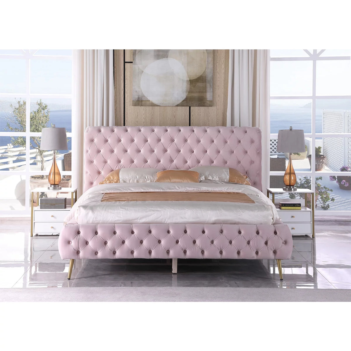 Pink Velvet Platform King Bed G3512