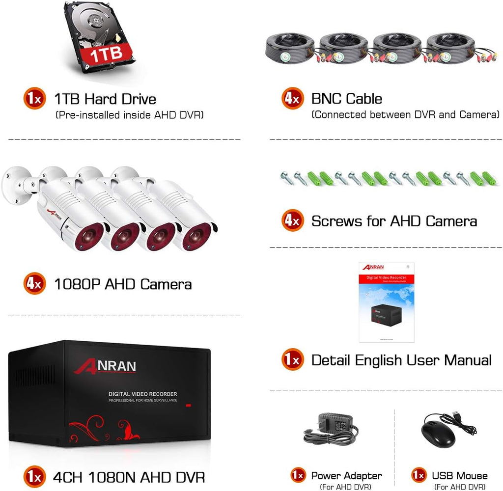 Wired 4 Channel HD Security Camera System with 1TB Hard Drive and 4 Weatherproof Cameras S9319