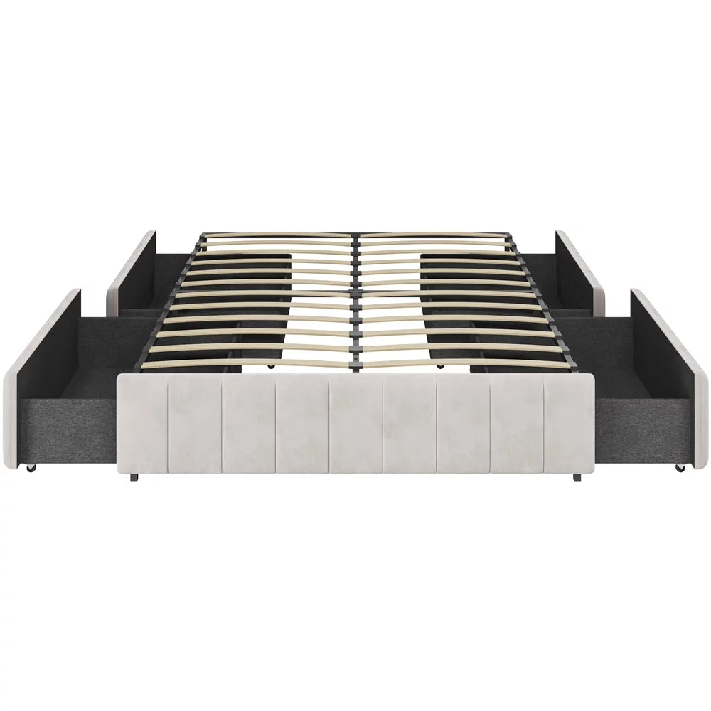 Beige Upholstered Storage Bed with 4 Drawers U333