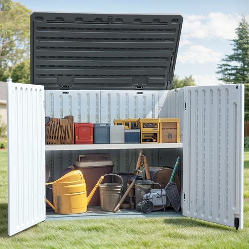 Horizontal Shed with Padlock Latch, 35 Cu Ft Waterproof Light Gray I360