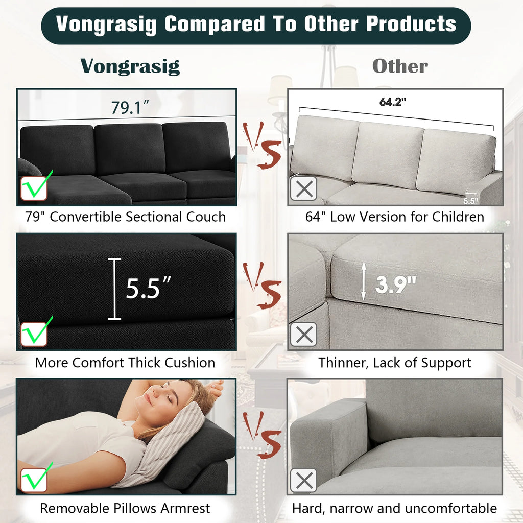 79" Convertible Sectional Sofa Couch, Linen Fabric L Shaped Sofa with Removable Pillows Black V6417