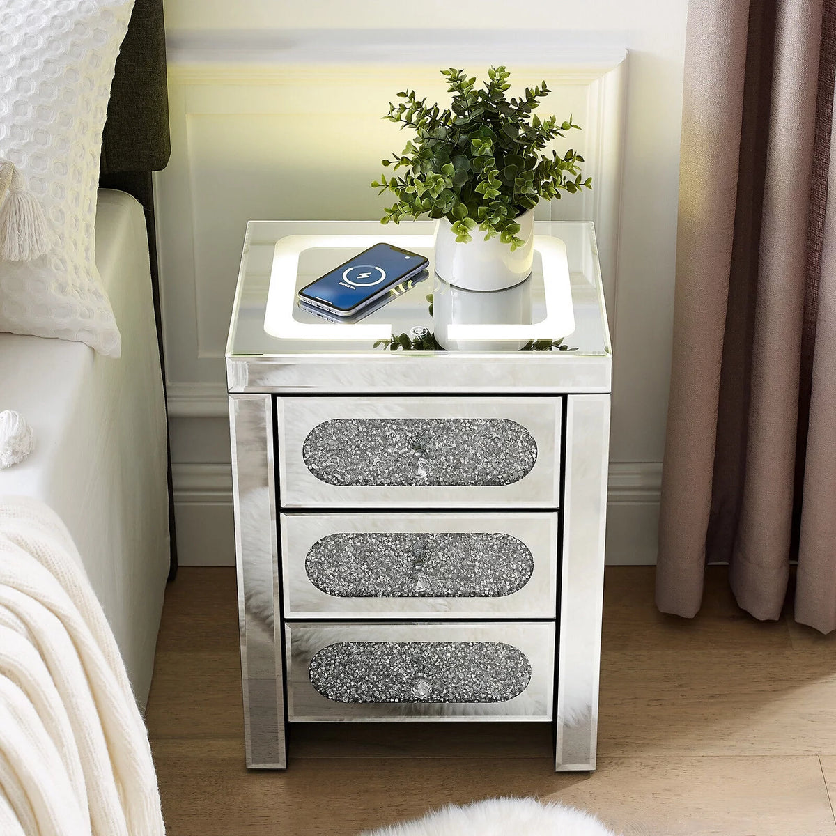 3 Drawer Mirrored Nightstand with Wireless Charging Station I112