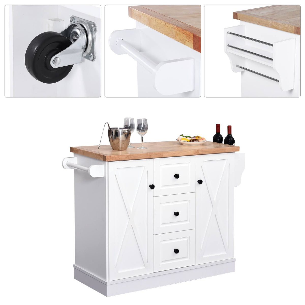 Portable Wooden Kitchen Island Cart with Drawers and Wheels White K64910