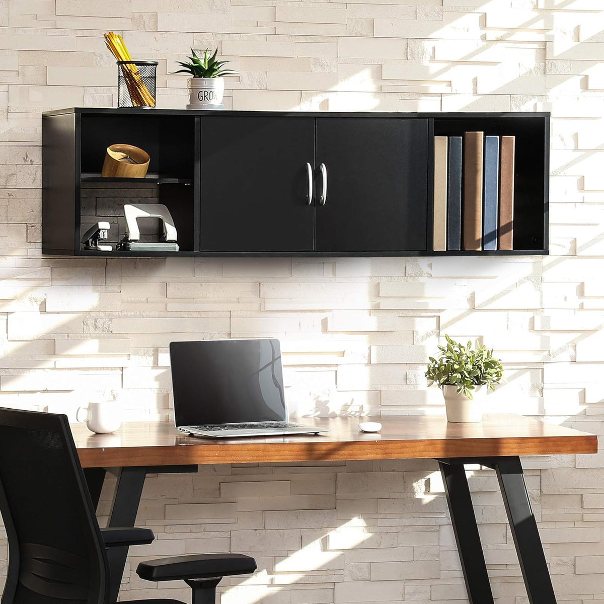 Black Floating TV Stand Wall Mounted Media Console T5686