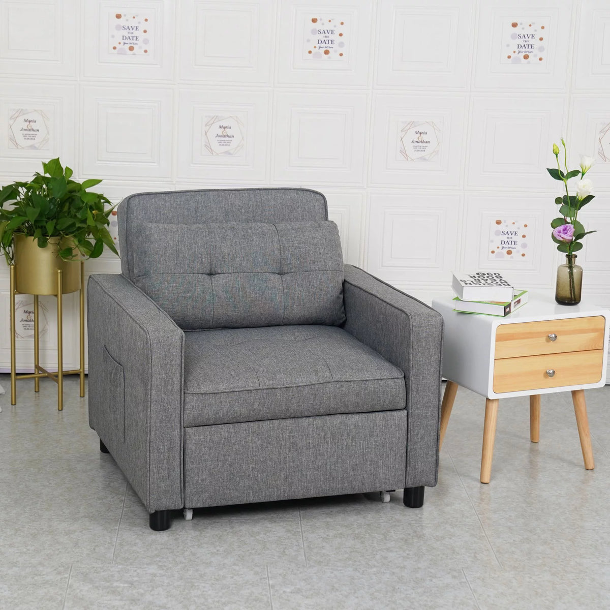 Light Grey Linen Convertible Chair Bed U9239