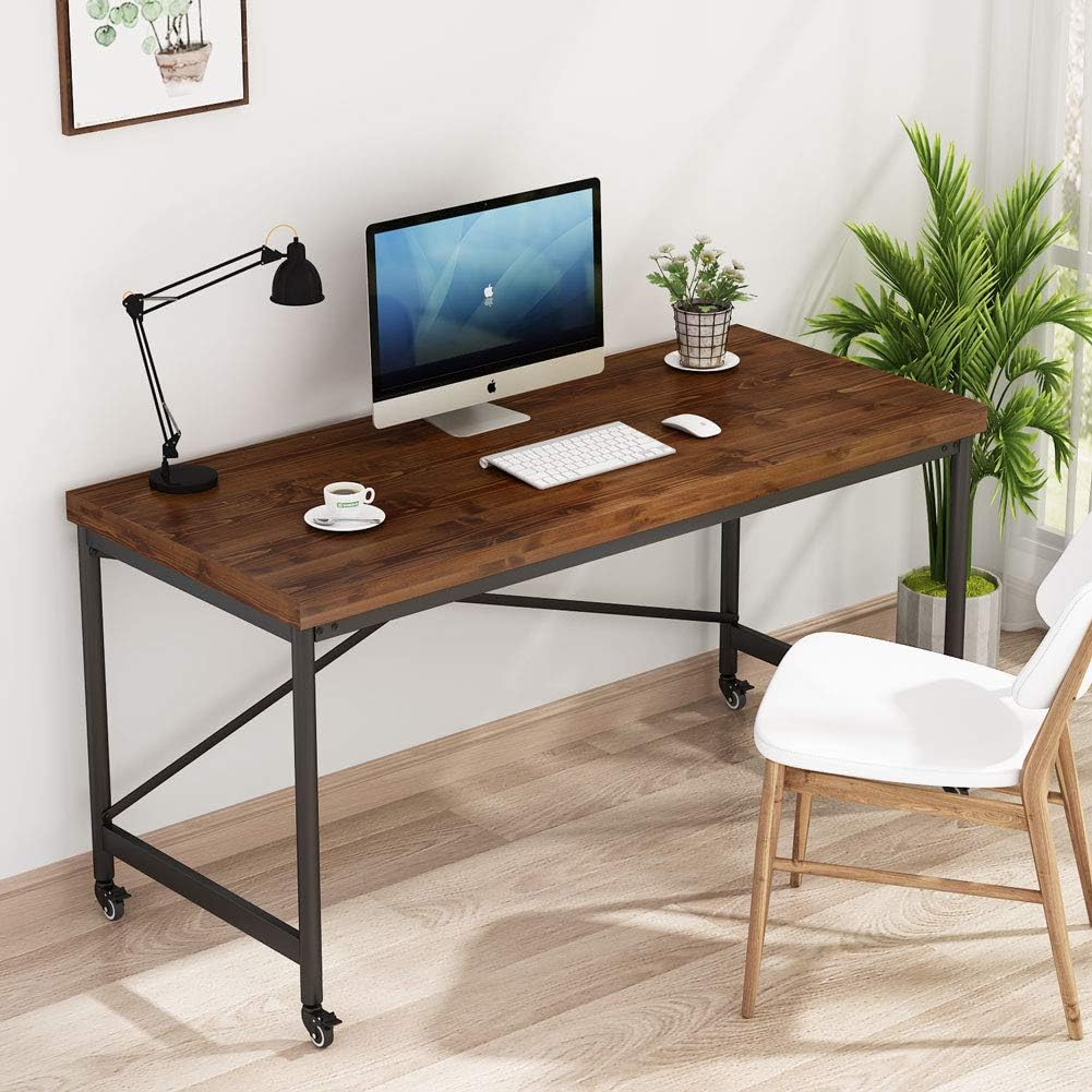 55 Inch Solid Wood Computer Desk with Lockable Casters F623626