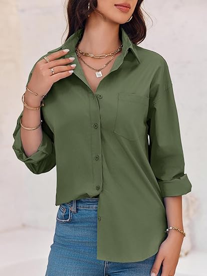 Button Down Shirts Long Sleeve Blouses with Pocket J9028