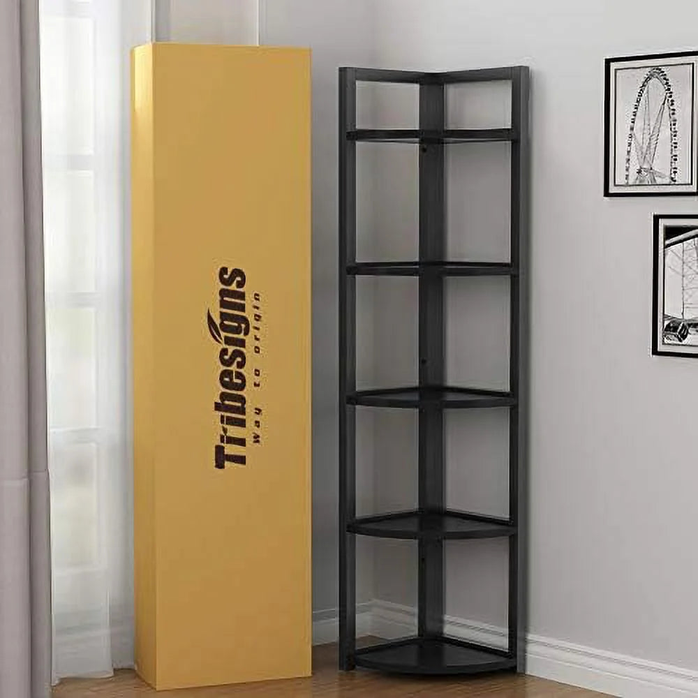 6 Tier 70.9 Inch Tall Corner Bookshelf Black D3480