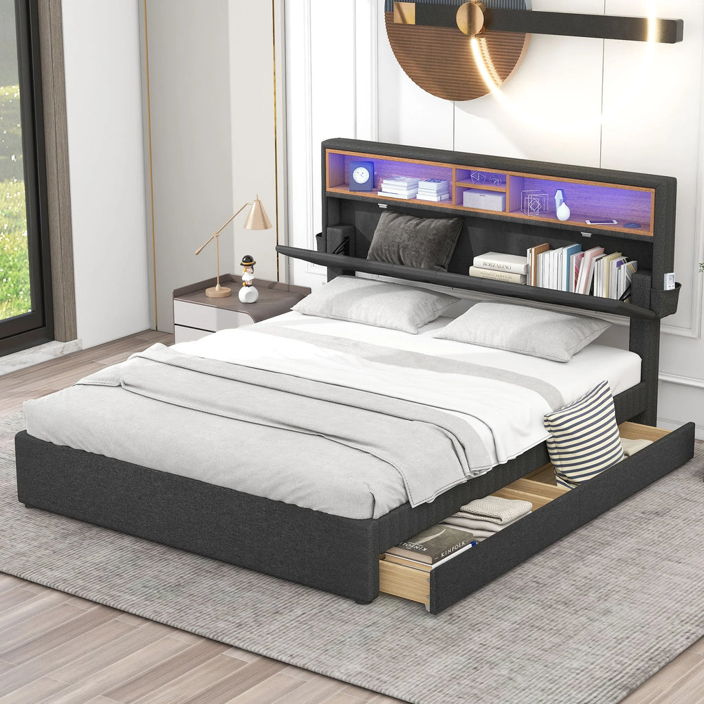 Upholstered Full Platform Bed with Shelf and 2 Drawers B2901