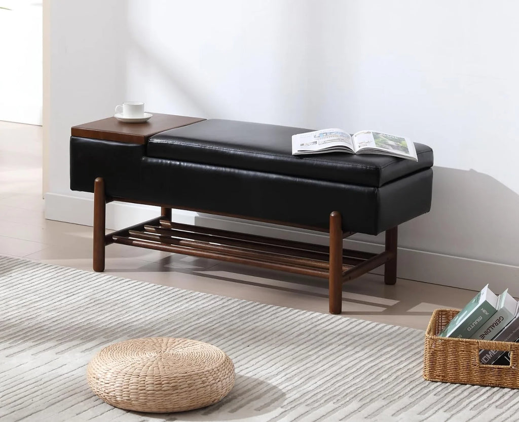 Black Leather Storage Bench with Shoe Rack F4308