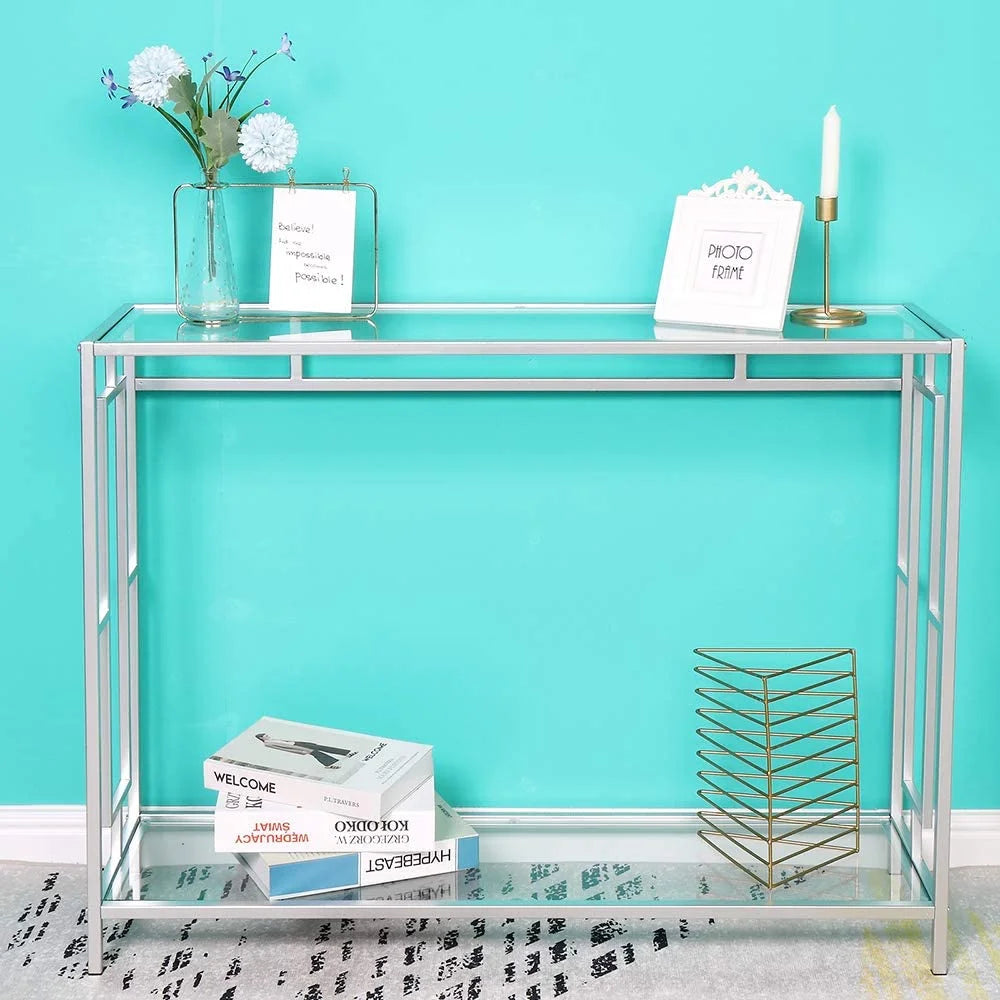 2-Tier Glass Console Table with Tempered Glass Top and Metal Frame H1797