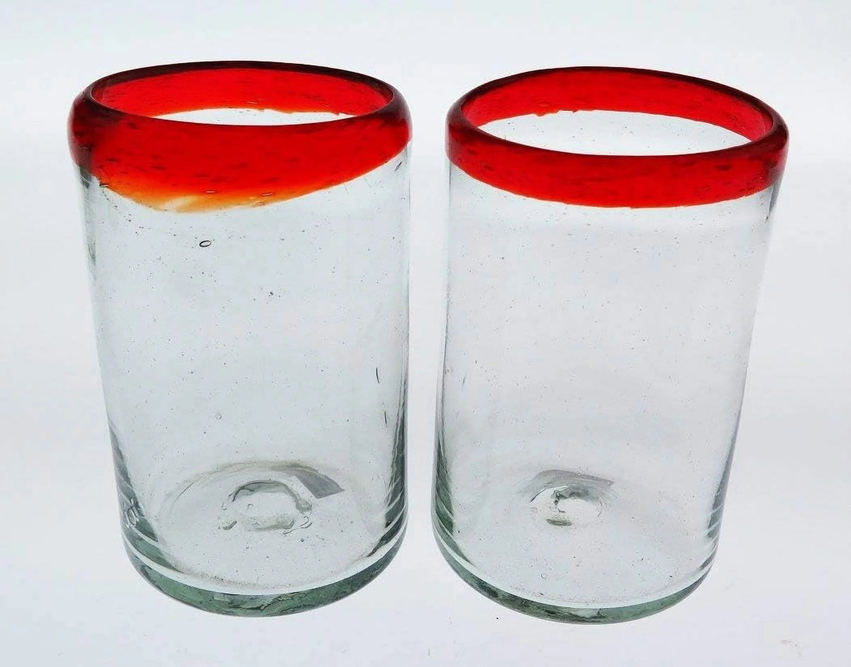 Hand Blown 16 Oz Set Of 6 Mexican Glass Red Rim P18557