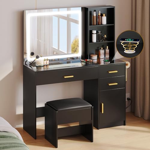 White Vanity Desk with Mirror and Light, 4 Drawers Q390