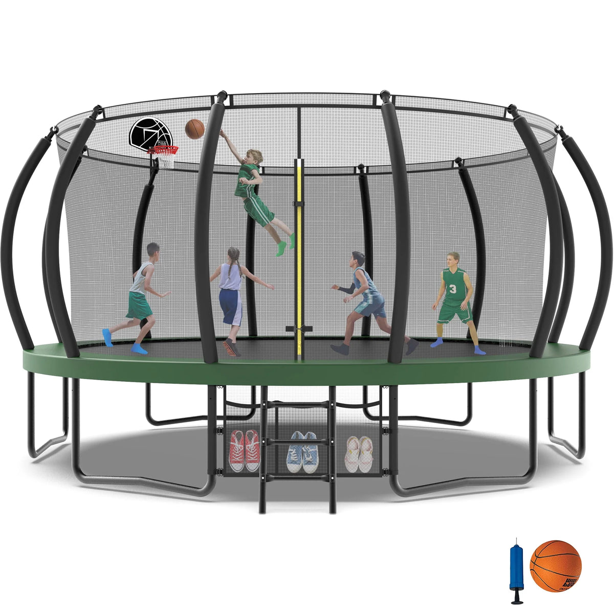 16FT Trampoline with Enclosure, Basketball Hoop, Shoes Bags R357