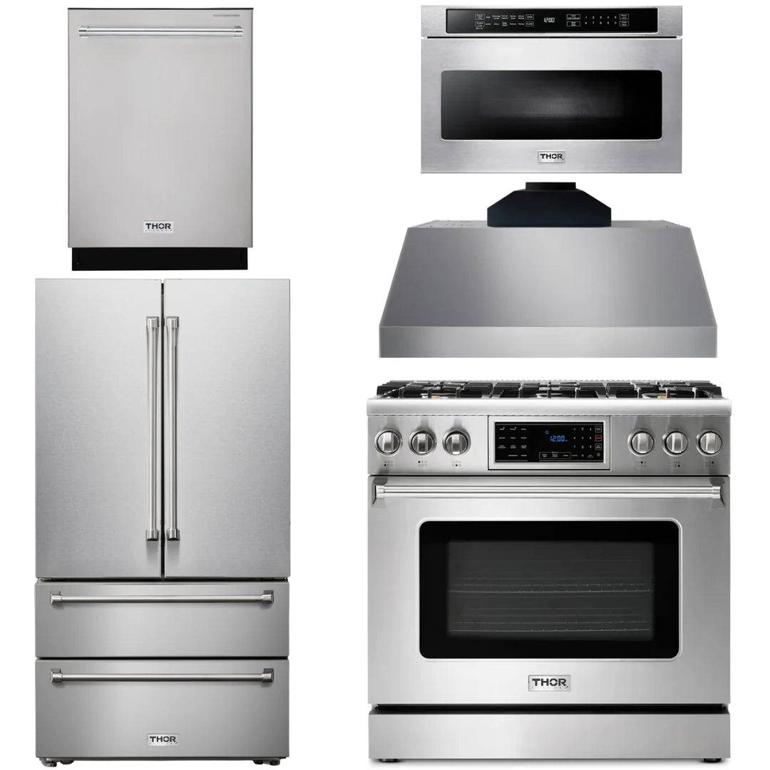 36 Propane Gas Range, Range Hood, Microwave, Refrigerator, Dishwasher Y90419