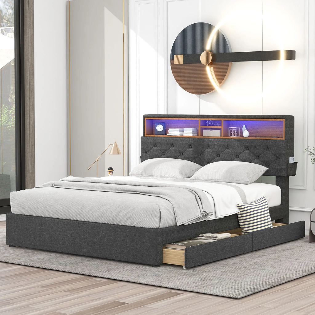 Upholstered Full Platform Bed with Shelf and 2 Drawers B2901