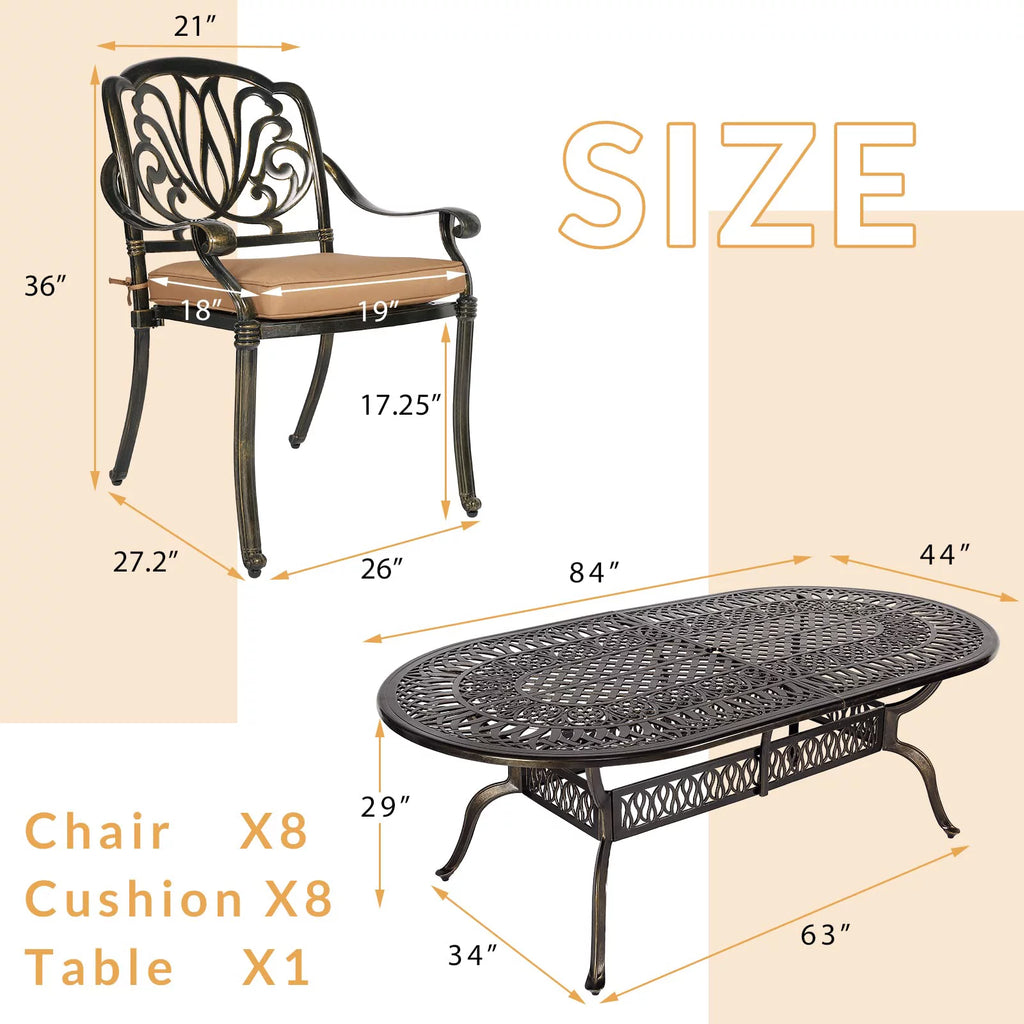 9-Piece Cast Aluminum Patio Dining Set with Umbrella Hole F4651