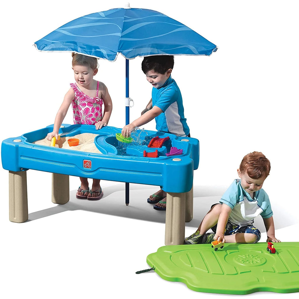 Blue Plastic Sandbox and Water Table with Cover and Umbrella D8845