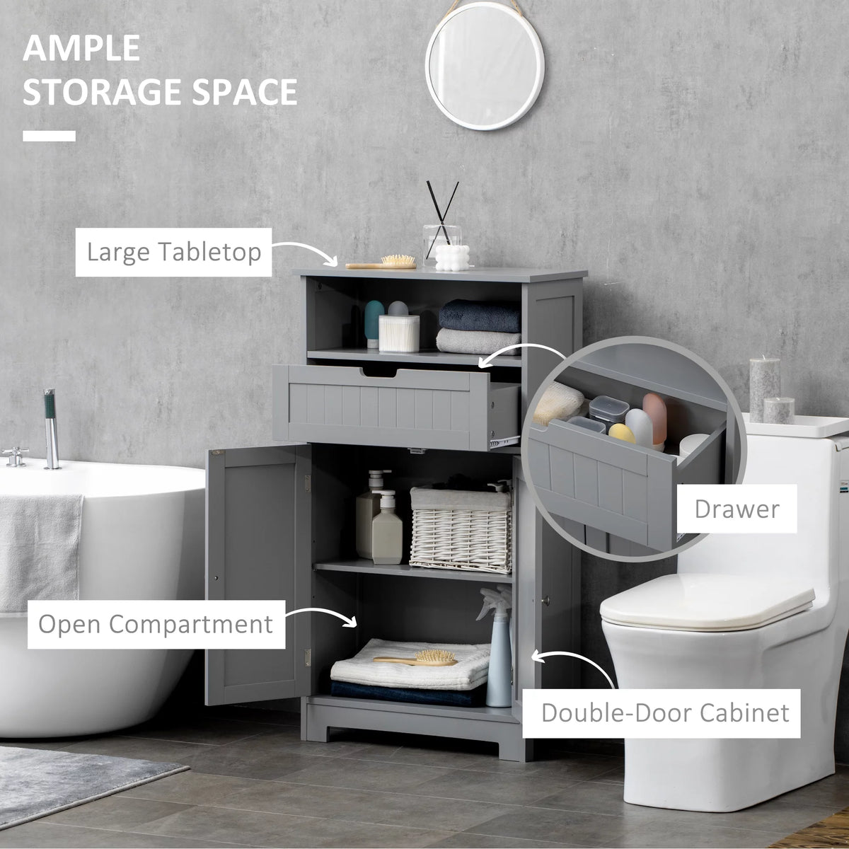 Grey Freestanding Bathroom Storage Cabinet with Drawer and Adjustable Shelf K70029