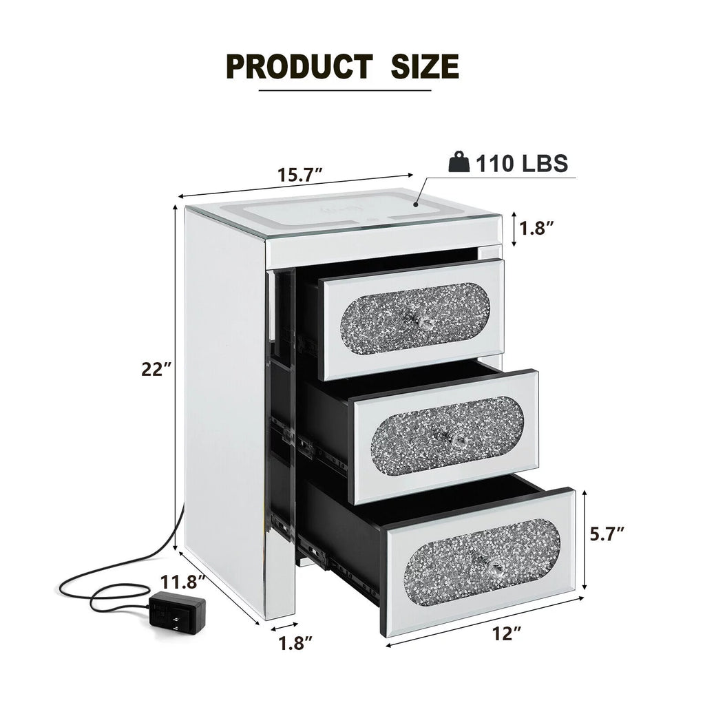 3 Drawer Mirrored Nightstand with Wireless Charging Station I112
