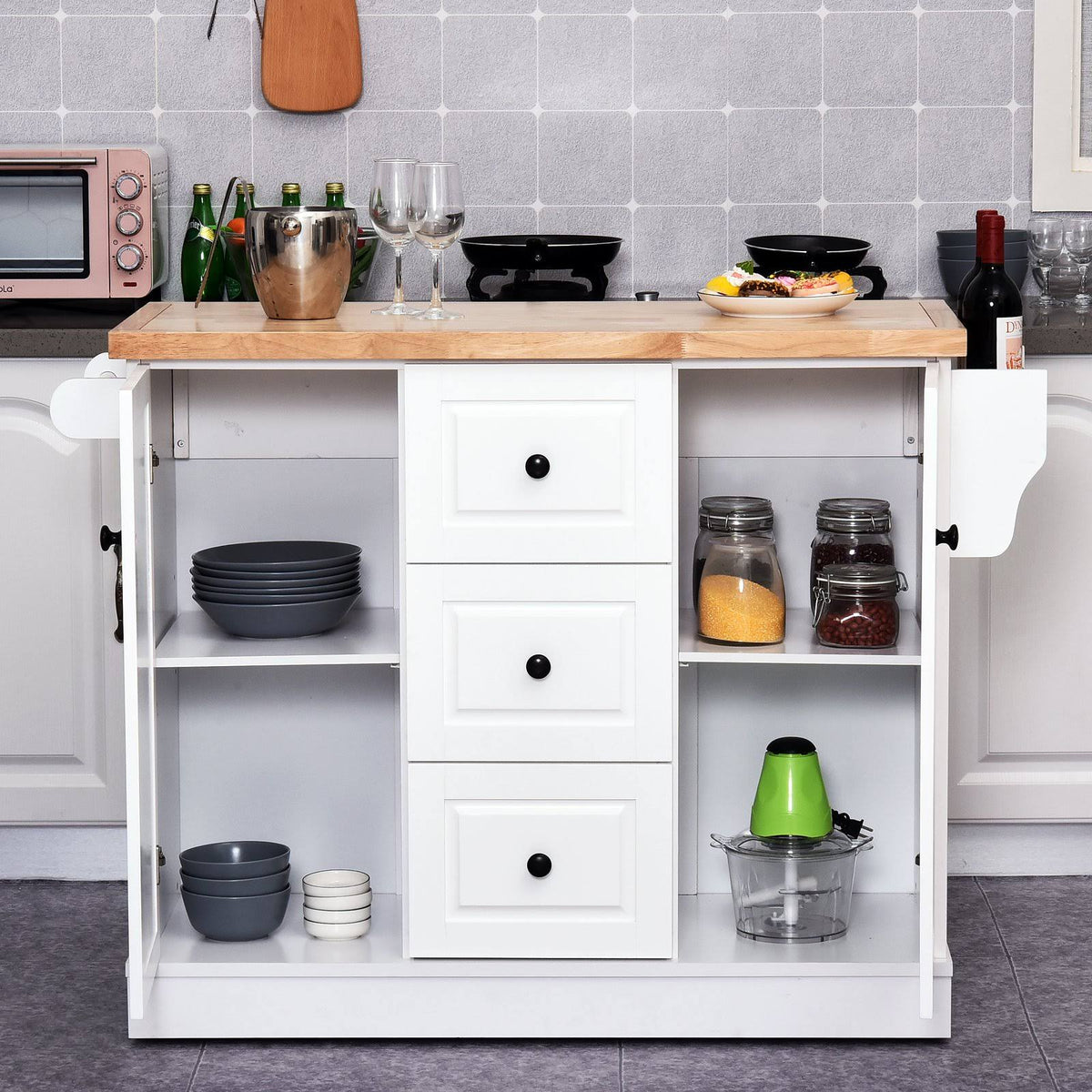 Portable Wooden Kitchen Island Cart with Drawers and Wheels White K64910