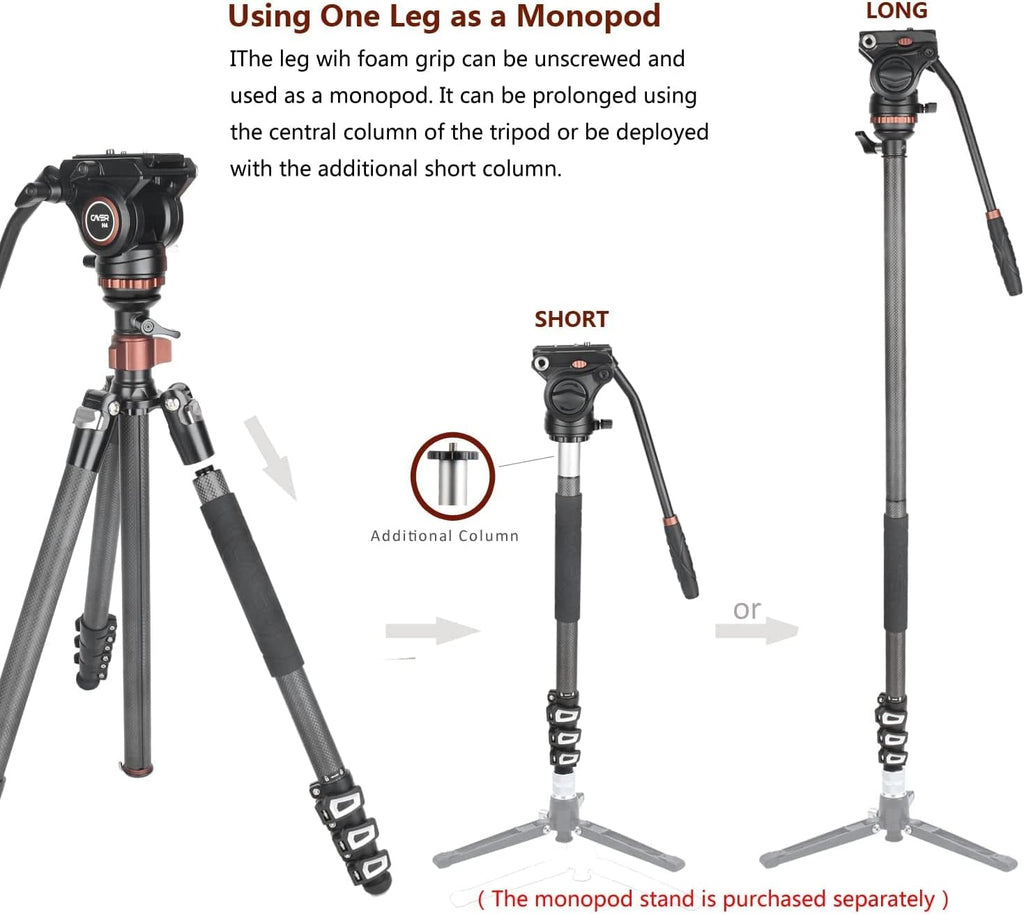 67 inches Carbon Fiber 4-Section Video Tripod with Fluid Drag Head O2565