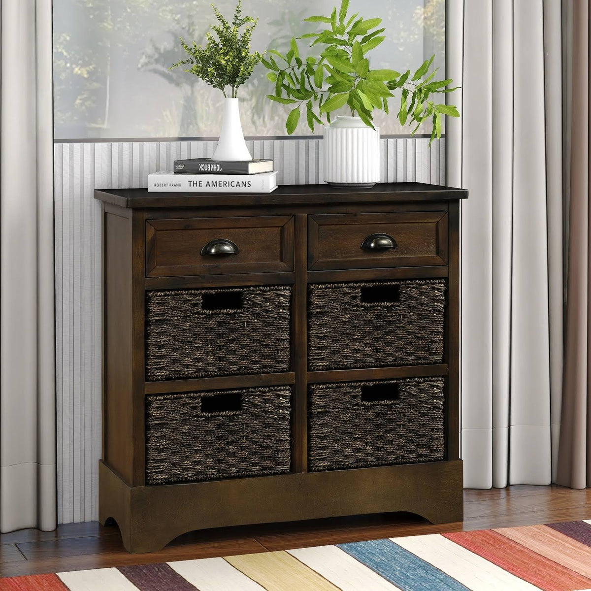 Rustic Storage Cabinet with 2 Drawers and 4 Fabric Basket J8062