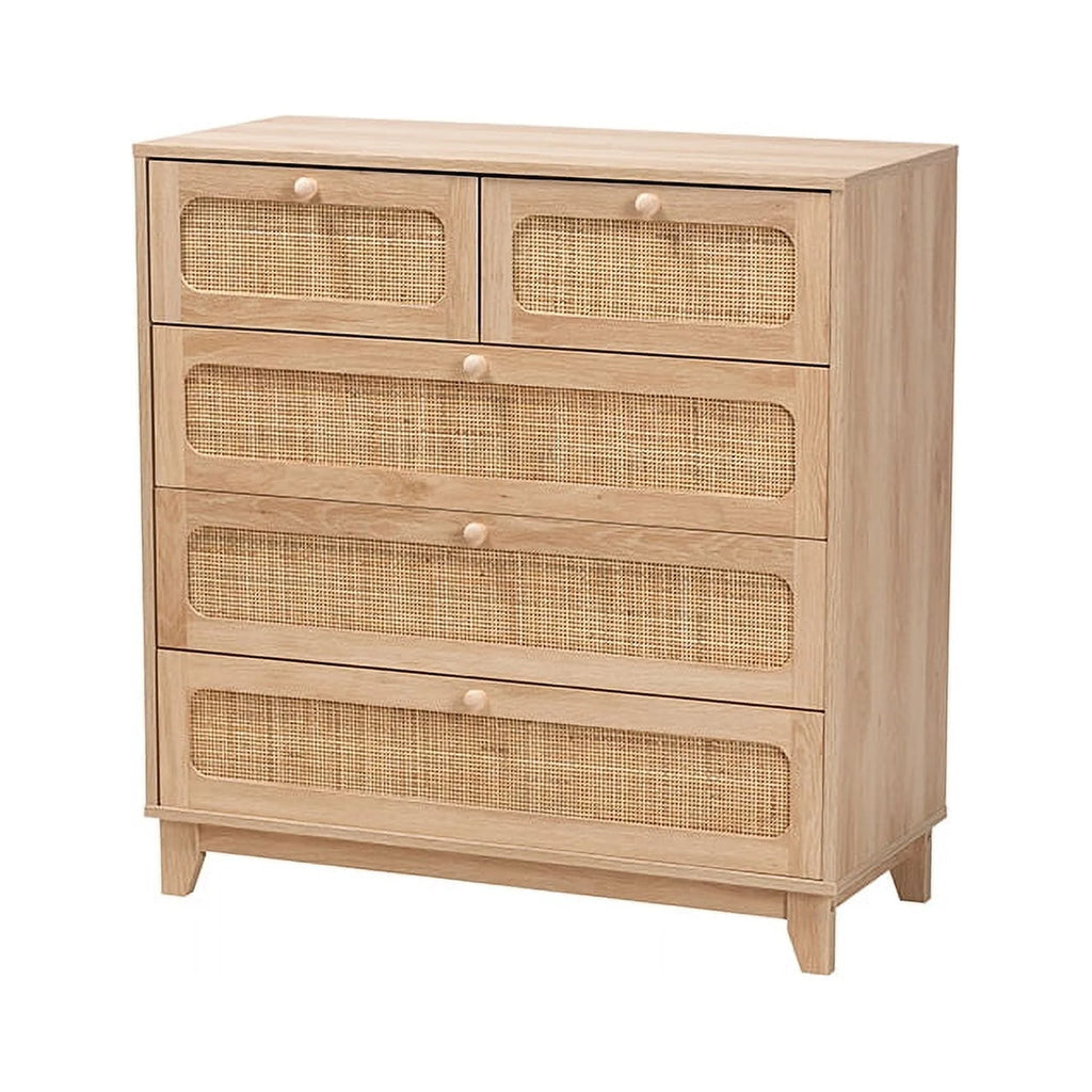 Oak Brown Wood and Natural Rattan 5-Drawer Storage Cabinet B191984
