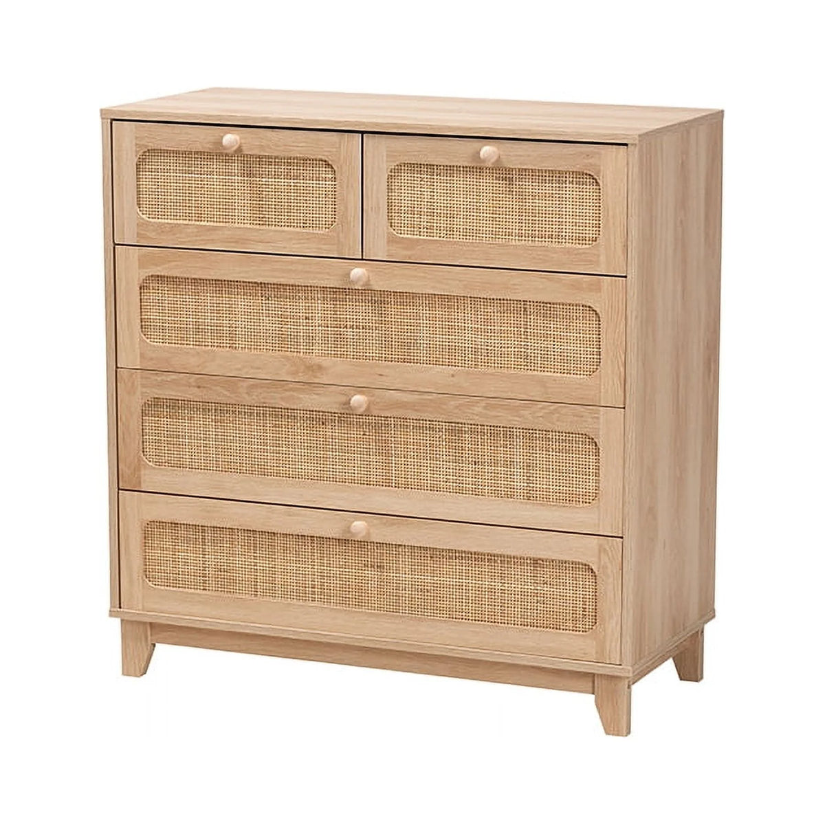 Oak Brown Wood and Natural Rattan 5-Drawer Storage Cabinet B191984