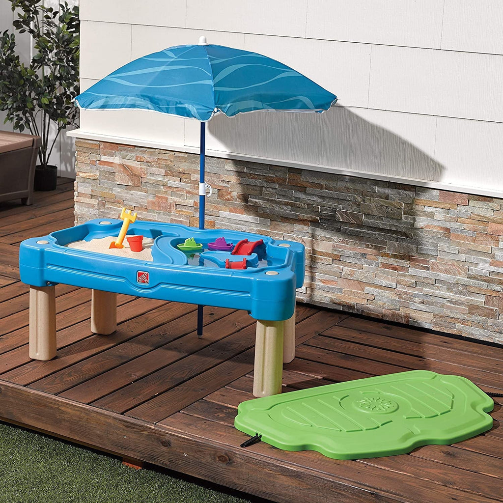 Blue Plastic Sandbox and Water Table with Cover and Umbrella D8845