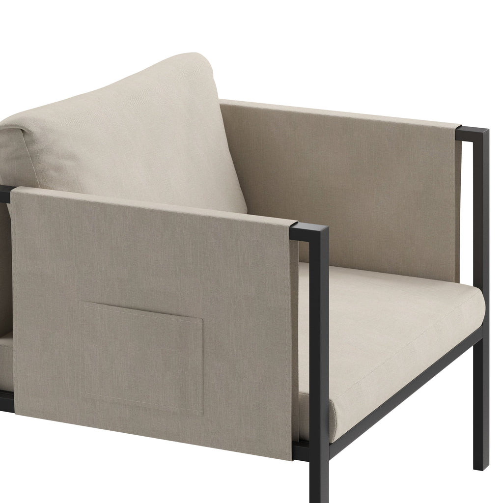 Black Steel Framed Club Chair with Beige Cushions and 2 Storage Pockets H7670