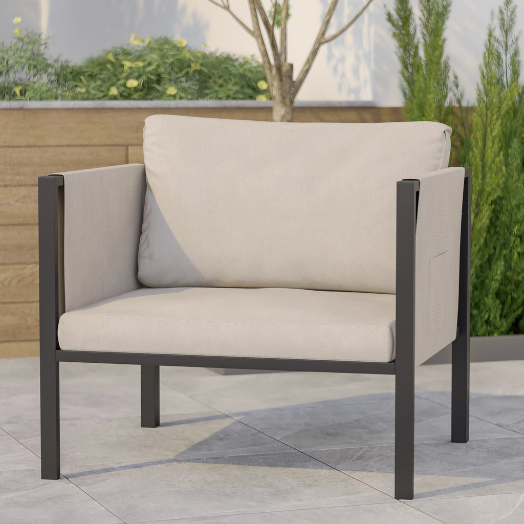 Black Steel Framed Club Chair with Beige Cushions and 2 Storage Pockets H7670