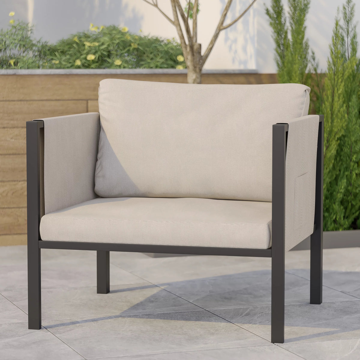 Black Steel Framed Club Chair with Beige Cushions and 2 Storage Pockets H7670