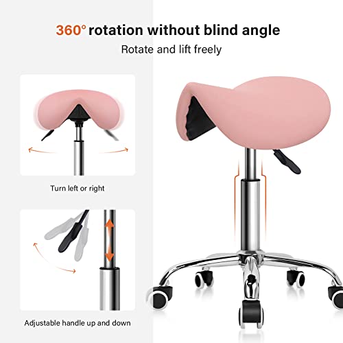 PU Leather Adjustable Rolling Saddle Stool with Wheels Black P141