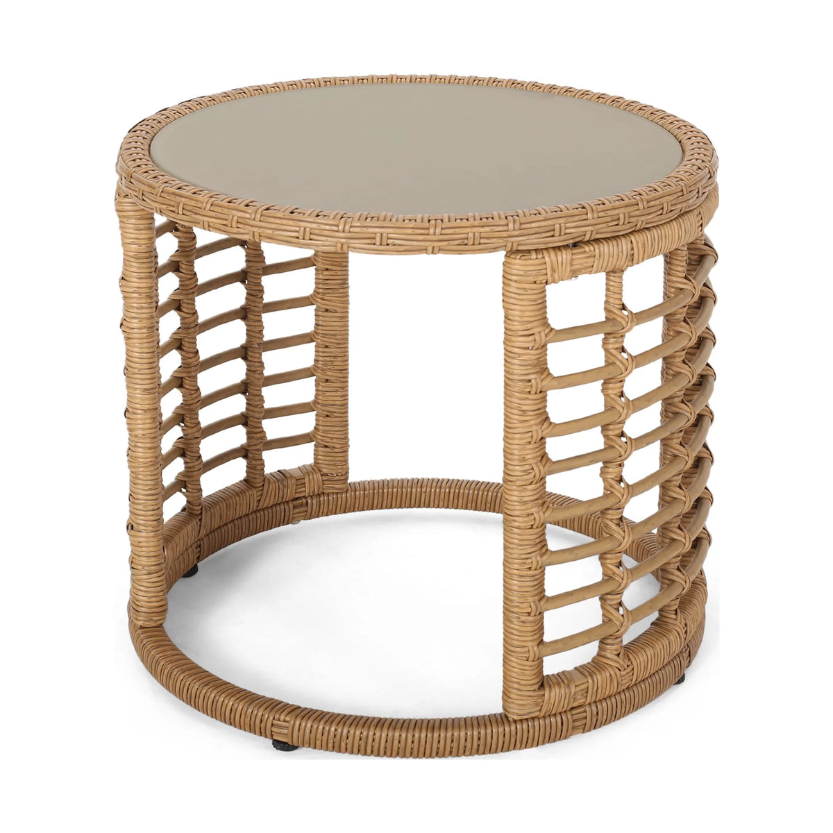 Light Brown Wicker Side Table with Tempered Glass Top F761729