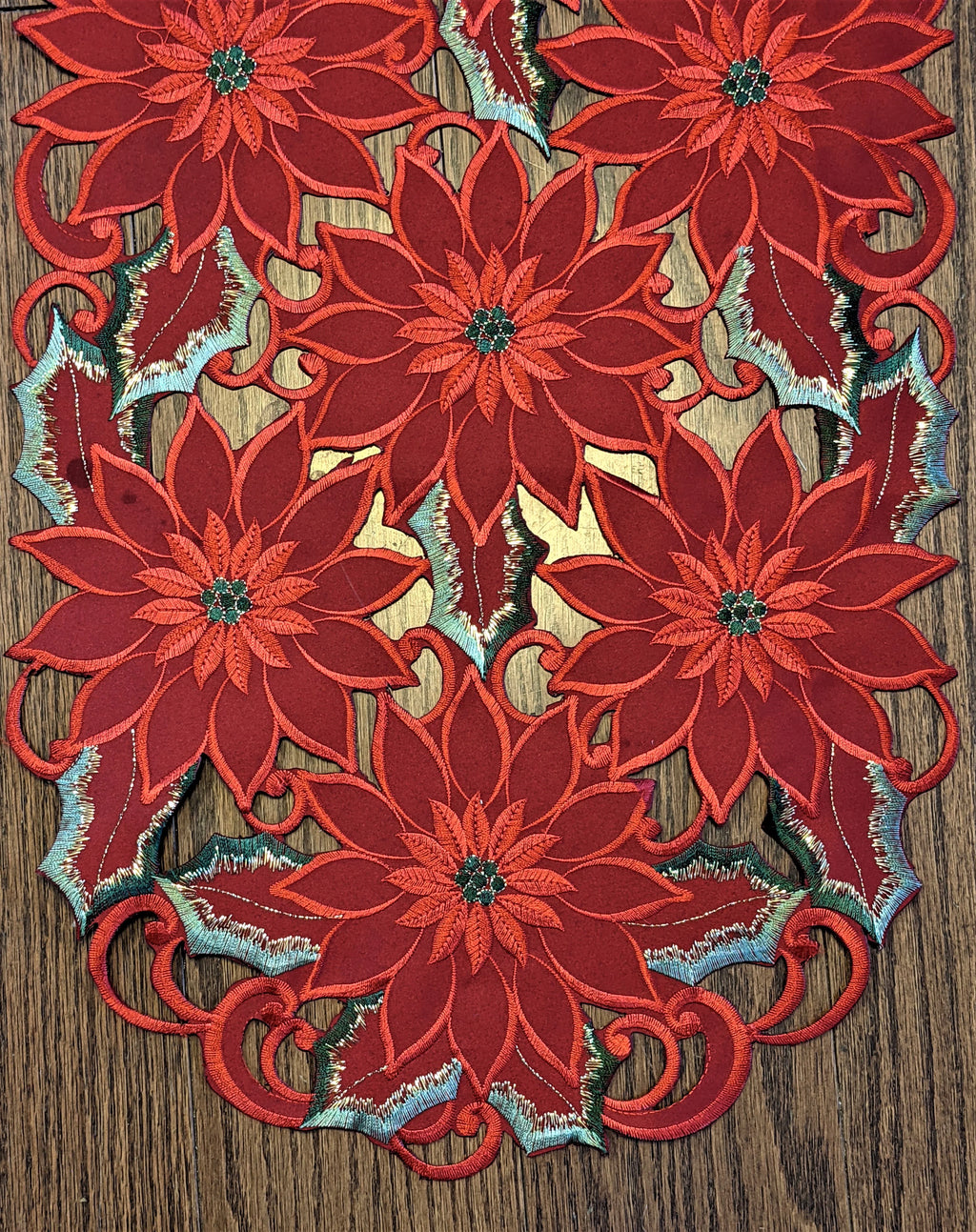 Christmas Table Runner with Red Cutwork Poinsettias, 34 x 15 inches T278