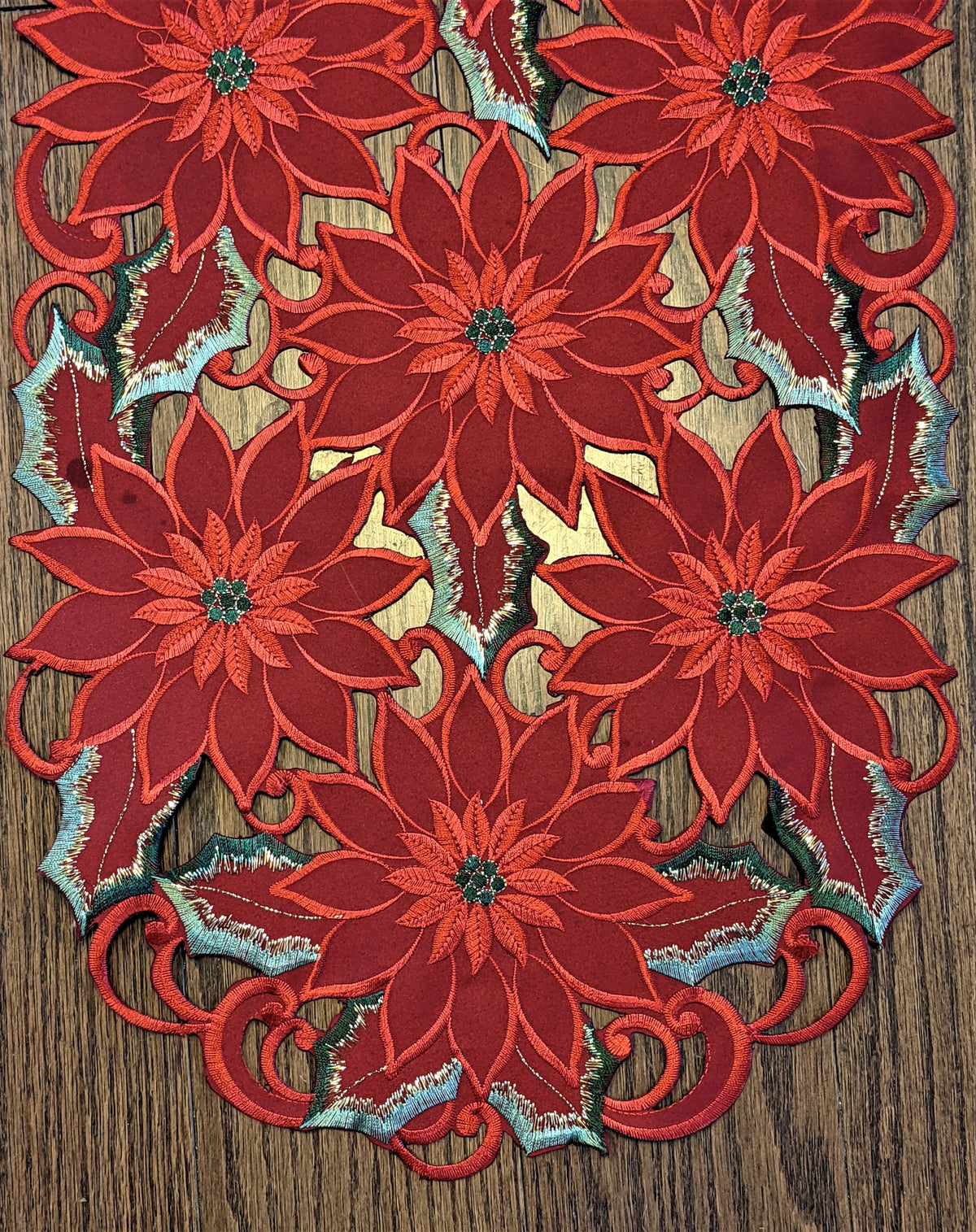 Christmas Table Runner with Red Cutwork Poinsettias, 34 x 15 inches T278