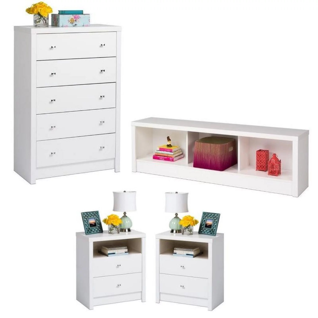 4-Piece Storage Bench 2 Tall Nightstands and 5-Drawer Chest Set A7648