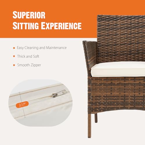 3 Pieces Wicker Rattan Patio Furniture Set with Cushion and Glass Table C818986