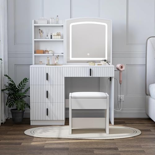 White Vanity Desk with Mirror and Light, 4 Drawers Q390