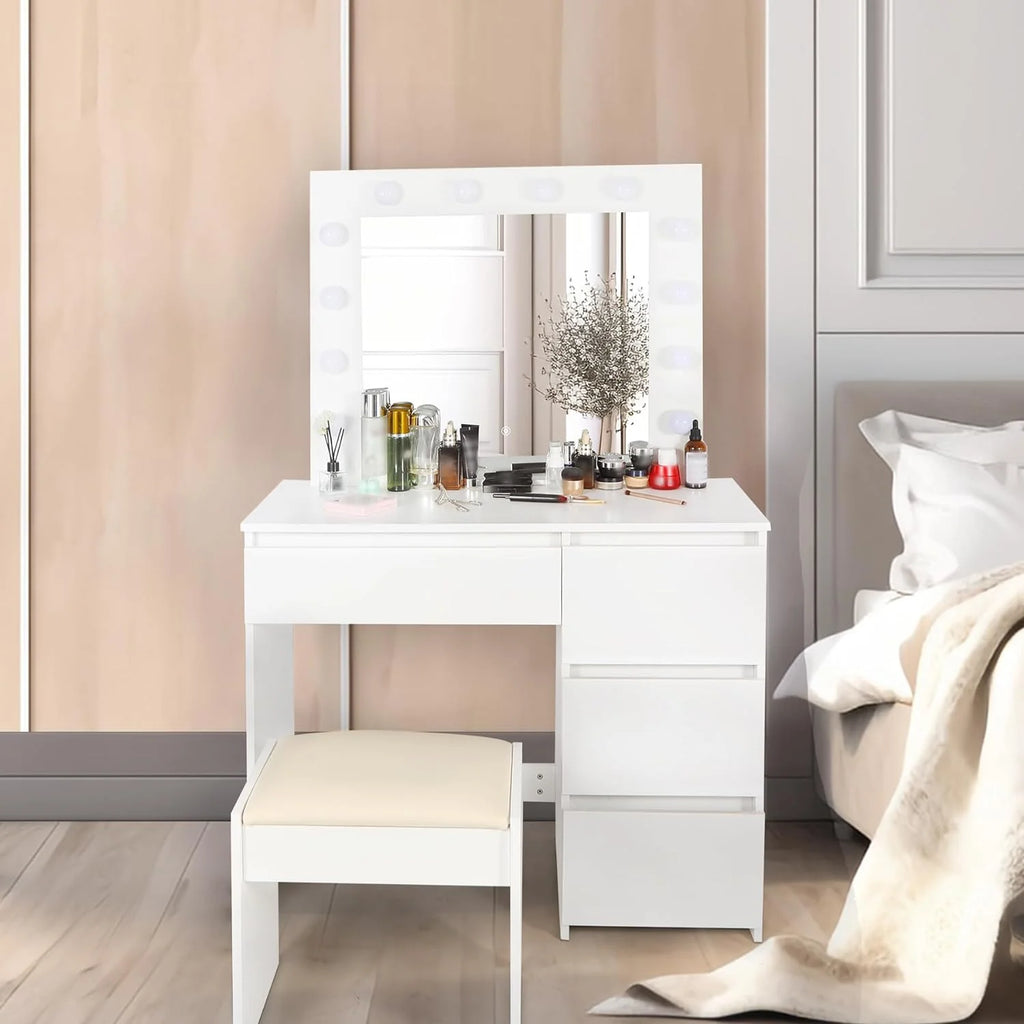 White Makeup Vanity Set with Lights, 4 Drawers and Cushioned Stool T300834