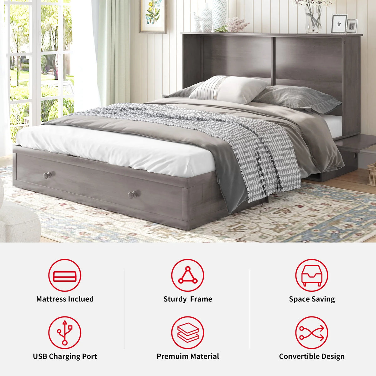 Queen Size Murphy Bed Chest with Foam Mattress W932186
