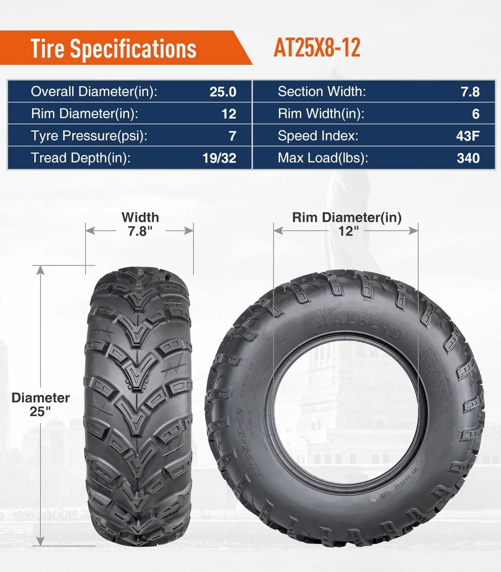 25x8-12 Front & 25x10-12 Rear All Terrain Tires Set of 4 J501