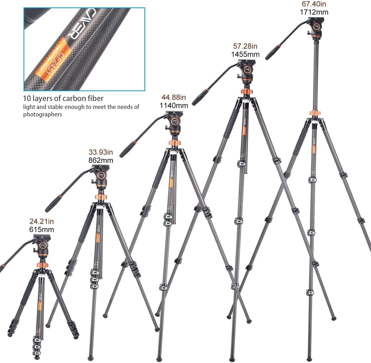 67 inches Carbon Fiber 4-Section Video Tripod with Fluid Drag Head O2565