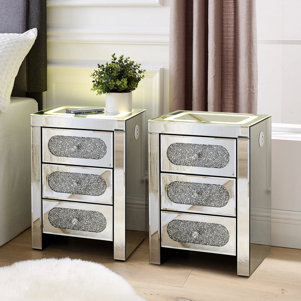 3 Drawer Mirrored Nightstand with Wireless Charging Station I112