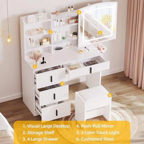 White Vanity Desk with Mirror and Light, 4 Drawers Q390