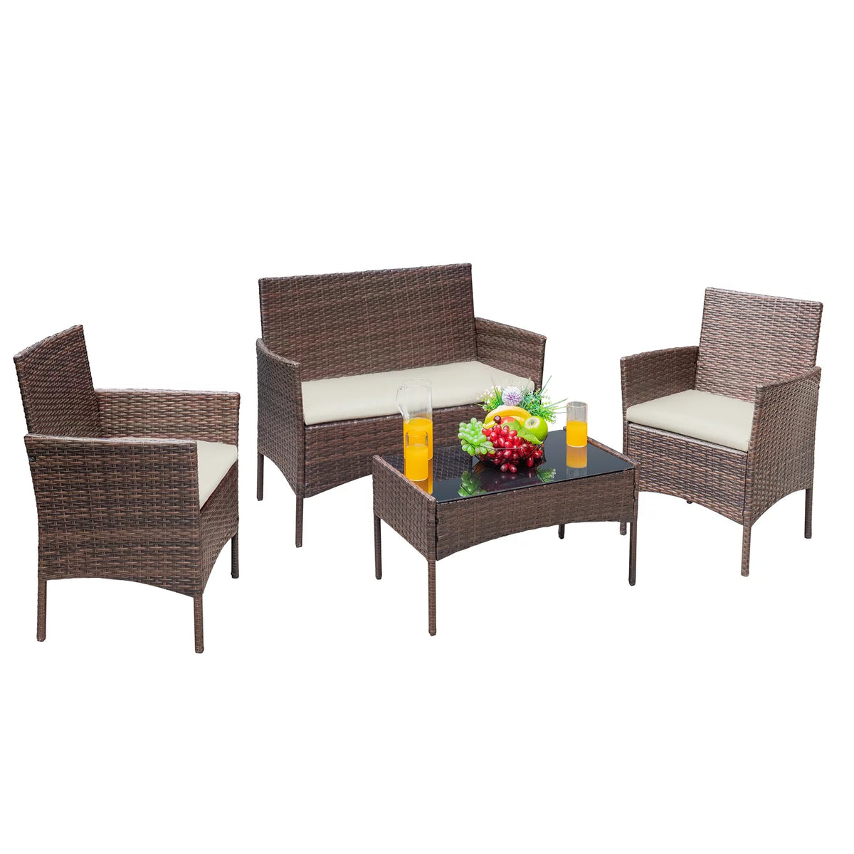 Brown PE Rattan Wicker 4 Pieces Patio Furniture Set with Cushion L529127